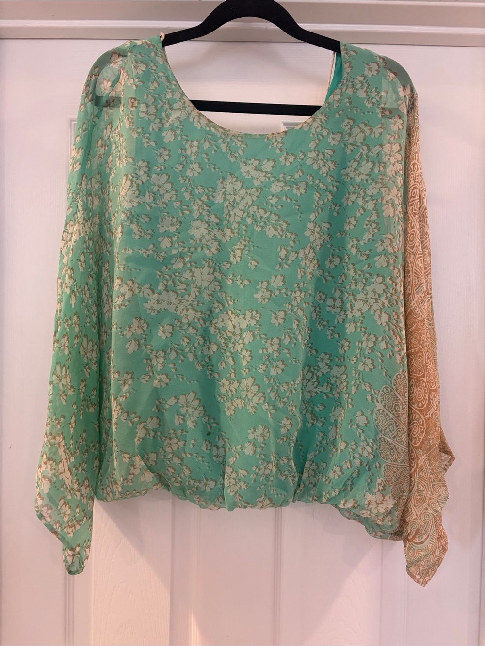 Mint Green Floral Blouse with Contrasting Paisley Sleeve